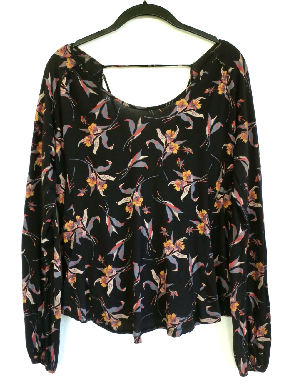 Free People Black Floral Long Sleeve Tee with Pink and Orange Blooms